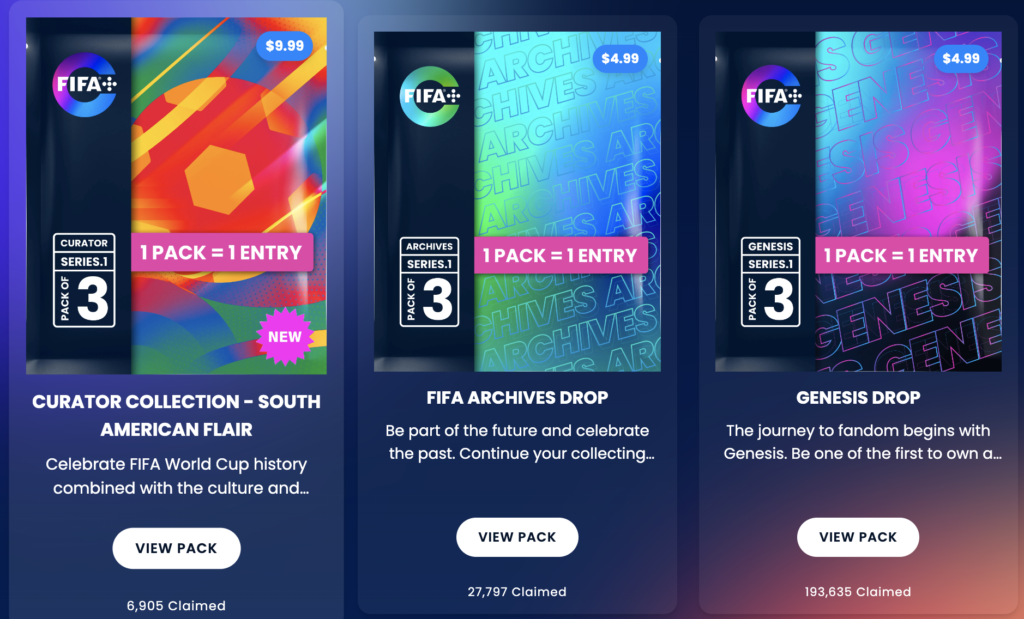 Three Algorand FIFA Collect+ packs, each of which contain world cup highlight moments.